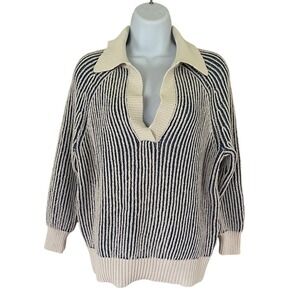 Aerie Womens XXS Striped Polo Sweater Blue Cream Ribbed V-Neck Raglan Oversized